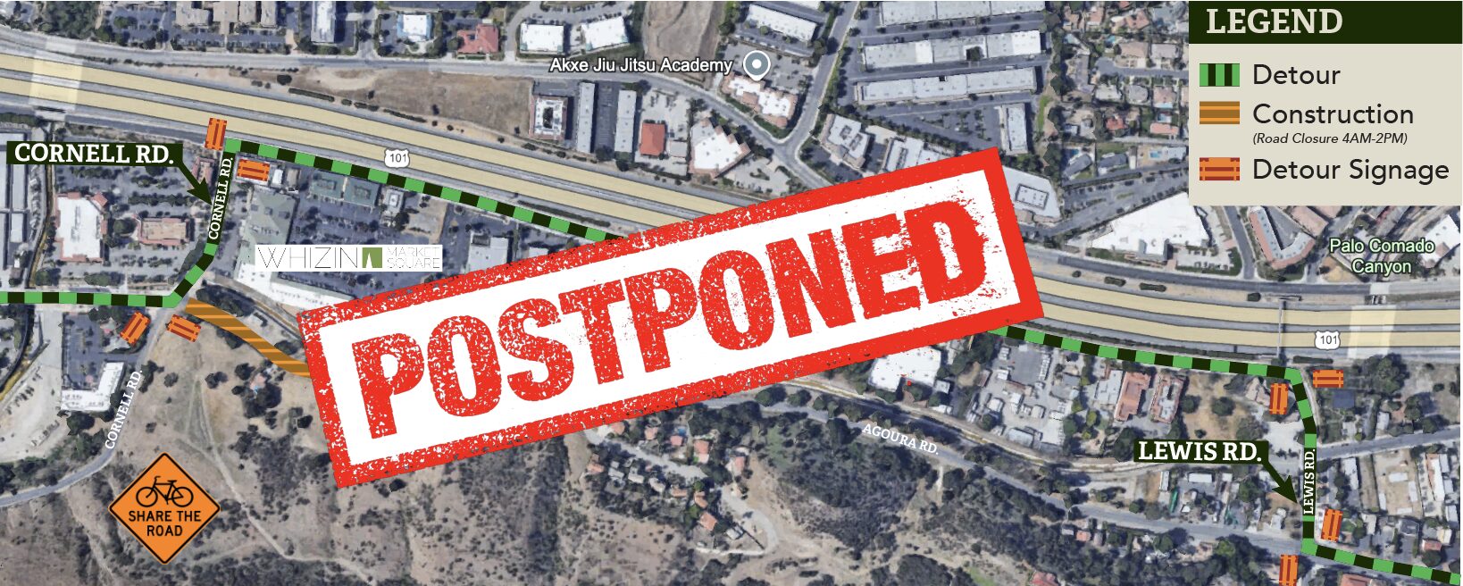 Notice of POSTPONED Road Closure – Agoura Road Closure with Detours on Cornell Road and Lewis Road